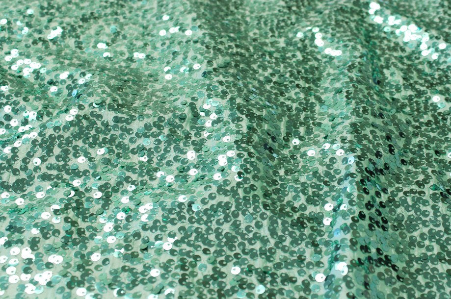 Mint Rain Drop Sequin Embroidered Taffeta 55" Wide || Fabric by the Yard