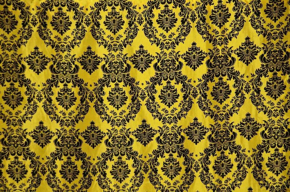 Yellow Taffeta Black Velvet Flocking Damask 60" Wide || Fabric by the Yard