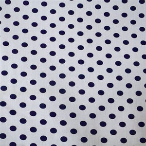 Navy Polka Dot Printed White Poly Cotton 60” Wide || Fabric by the Yard