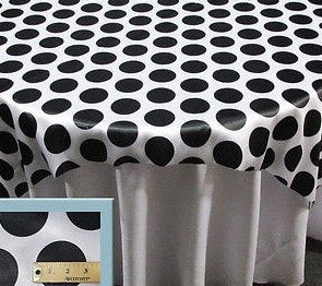 Set of 6 Black 3” Polka-Dot White Charmeuse 72” x 72” Square Table Overlays || Event Décor