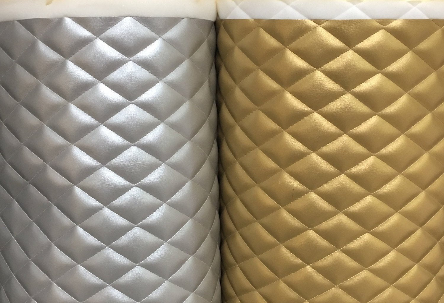 Shiny Silver Gold Diamond Quilted Faux Leather Vinyl 3/8 Foam Backing 54  Wide | Upholstery Fabric by the Yard