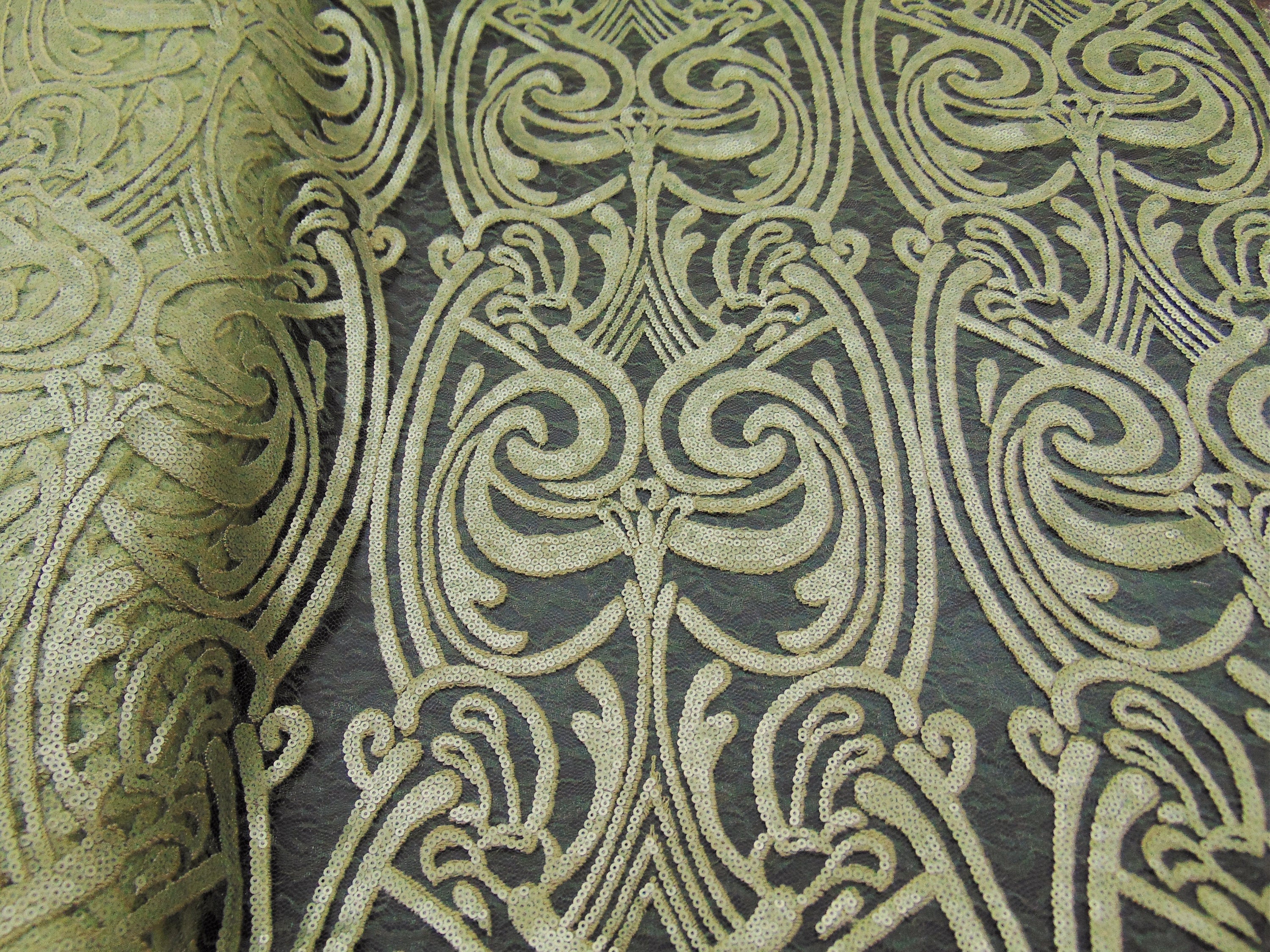 Olive Art Nouveau Sequin Damask Lace Mesh Back  52" Wide || Fabric by the Yard