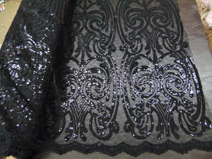 Black Art Nouveau Sequin Damask Lace Mesh Back  52" Wide || Fabric by the Yard