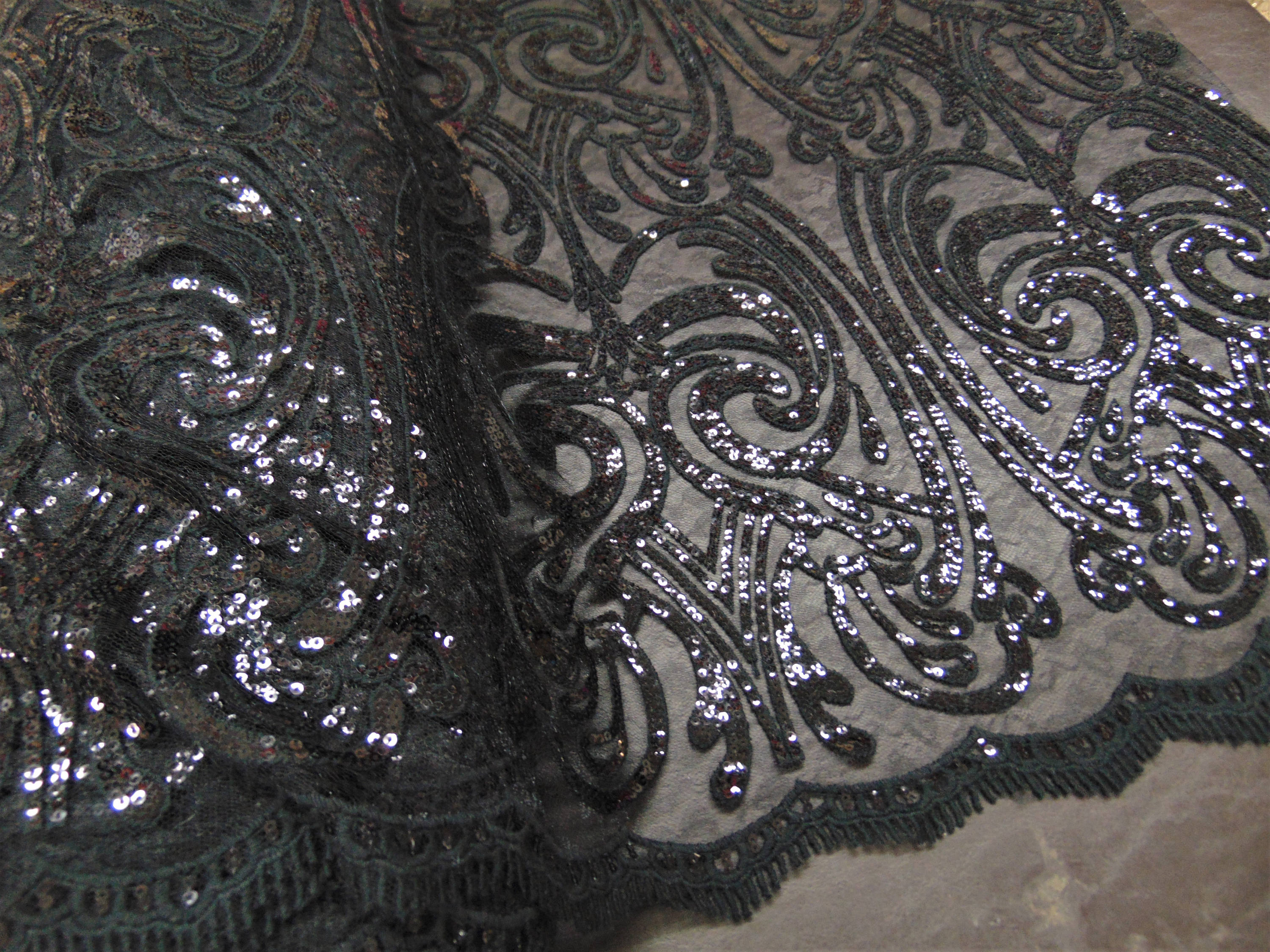 Black Art Nouveau Sequin Damask Lace Mesh Back  52" Wide || Fabric by the Yard