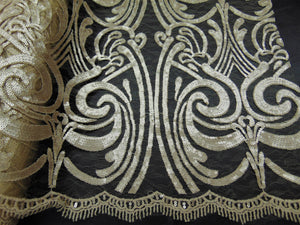 Champagne Art Nouveau Sequin Damask Lace Mesh Back  52" Wide || Fabric by the Yard