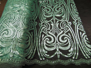 Mint Art Nouveau Sequin Damask Lace Mesh Back  52" Wide || Fabric by the Yard
