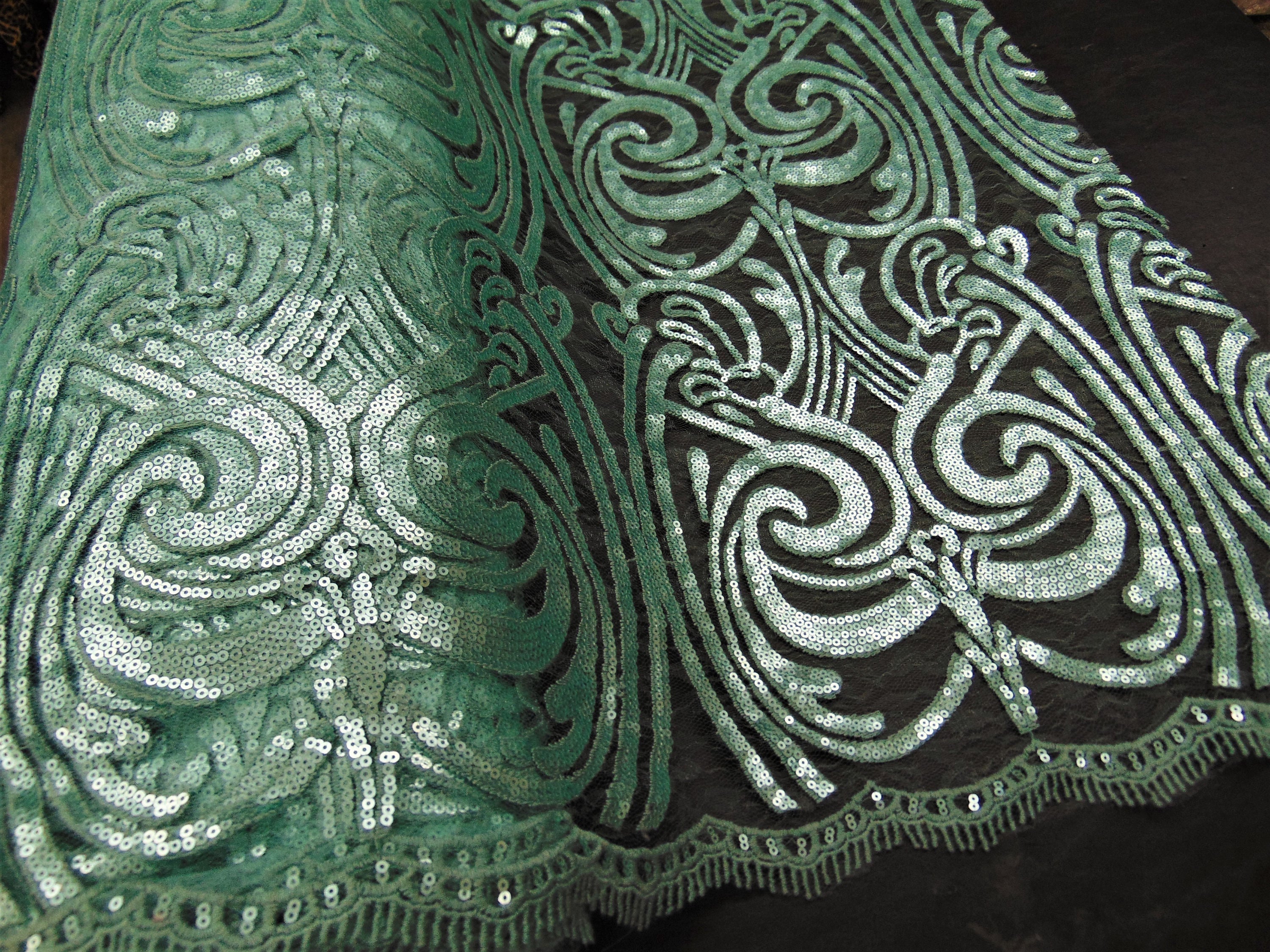 Mint Art Nouveau Sequin Damask Lace Mesh Back  52" Wide || Fabric by the Yard