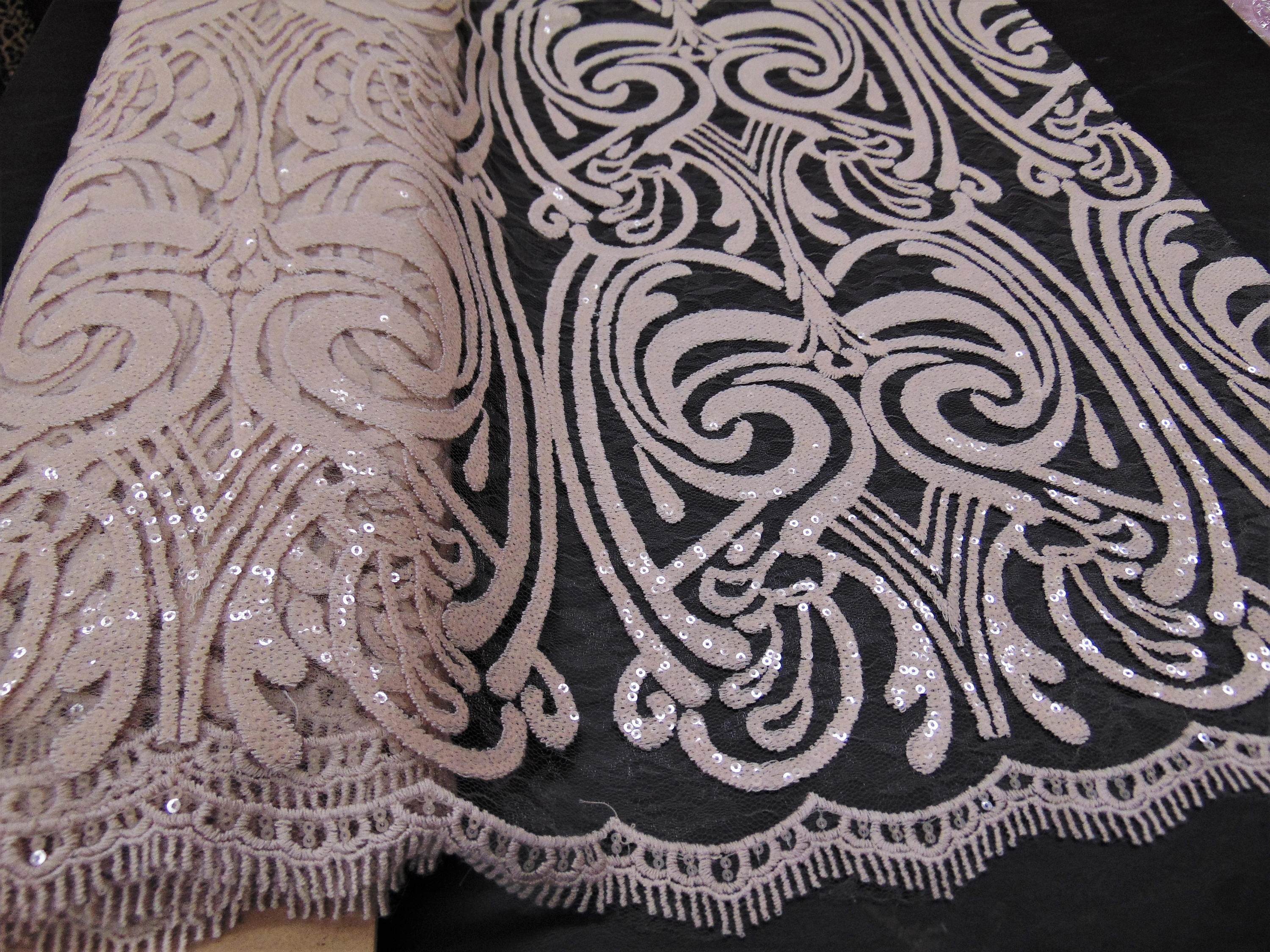 Nude Art Nouveau Sequin Damask Lace Mesh Back  52" Wide || Fabric by the Yard