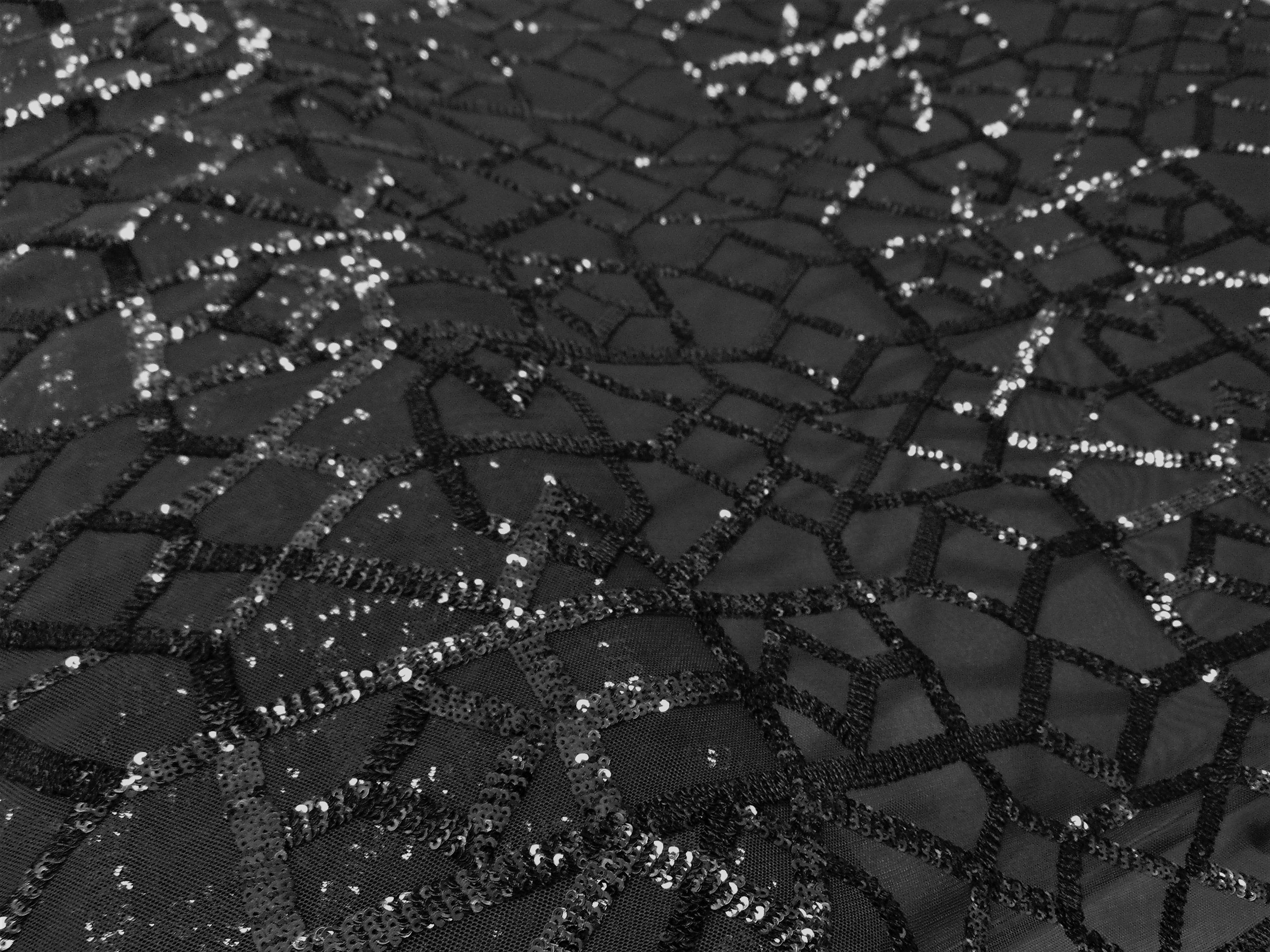 Black Sacred Geometry Sequin Embroidered 4-Way Stetch Lace 55” Wide || Fabric by the Yard