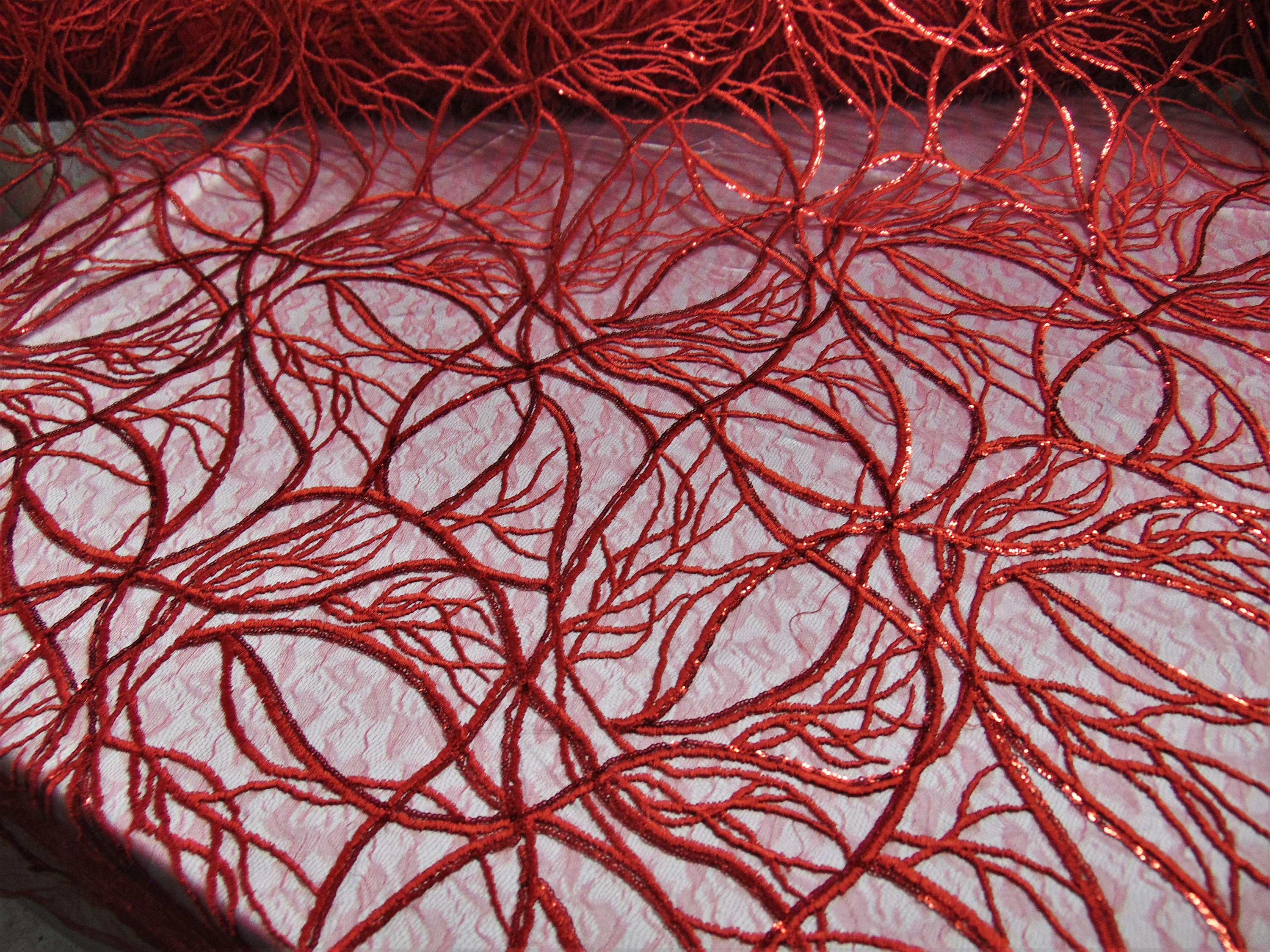 Red Vein Embroidered Sheer Sequin Lace 52” Wide || Fabric by the Yard