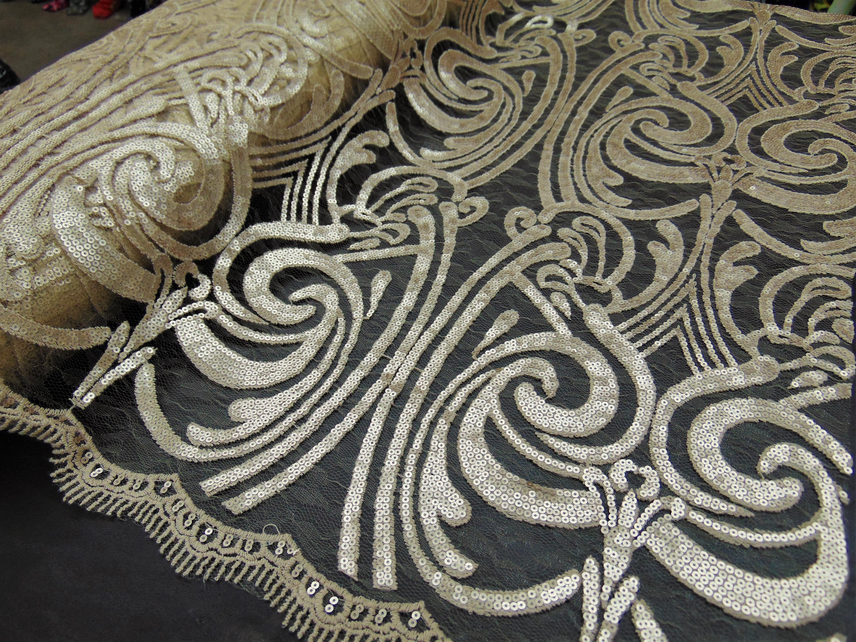 Champagne Art Nouveau Sequin Damask Lace Mesh Back  52" Wide || Fabric by the Yard