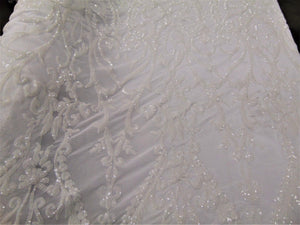 White Victorian Sweetheart Damask 4-Way Stretch Embroidered Sheer Sequin Lace 56" Wide || Fabric by the Yard
