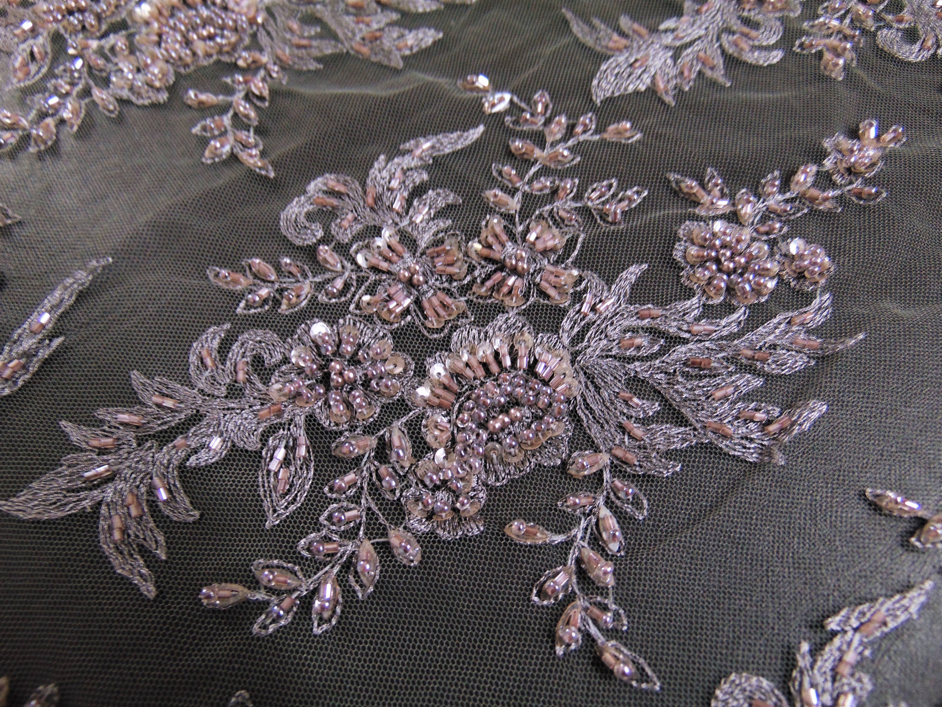Gray Mauve Scalloped Beaded Edge Hand Lace 51" Wide || Fabric by the Yard