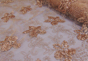 Taupe Floral Ribbon Embroidered Scalloped Edge Tulle Mesh 50" Wide || Fabric by the Yard