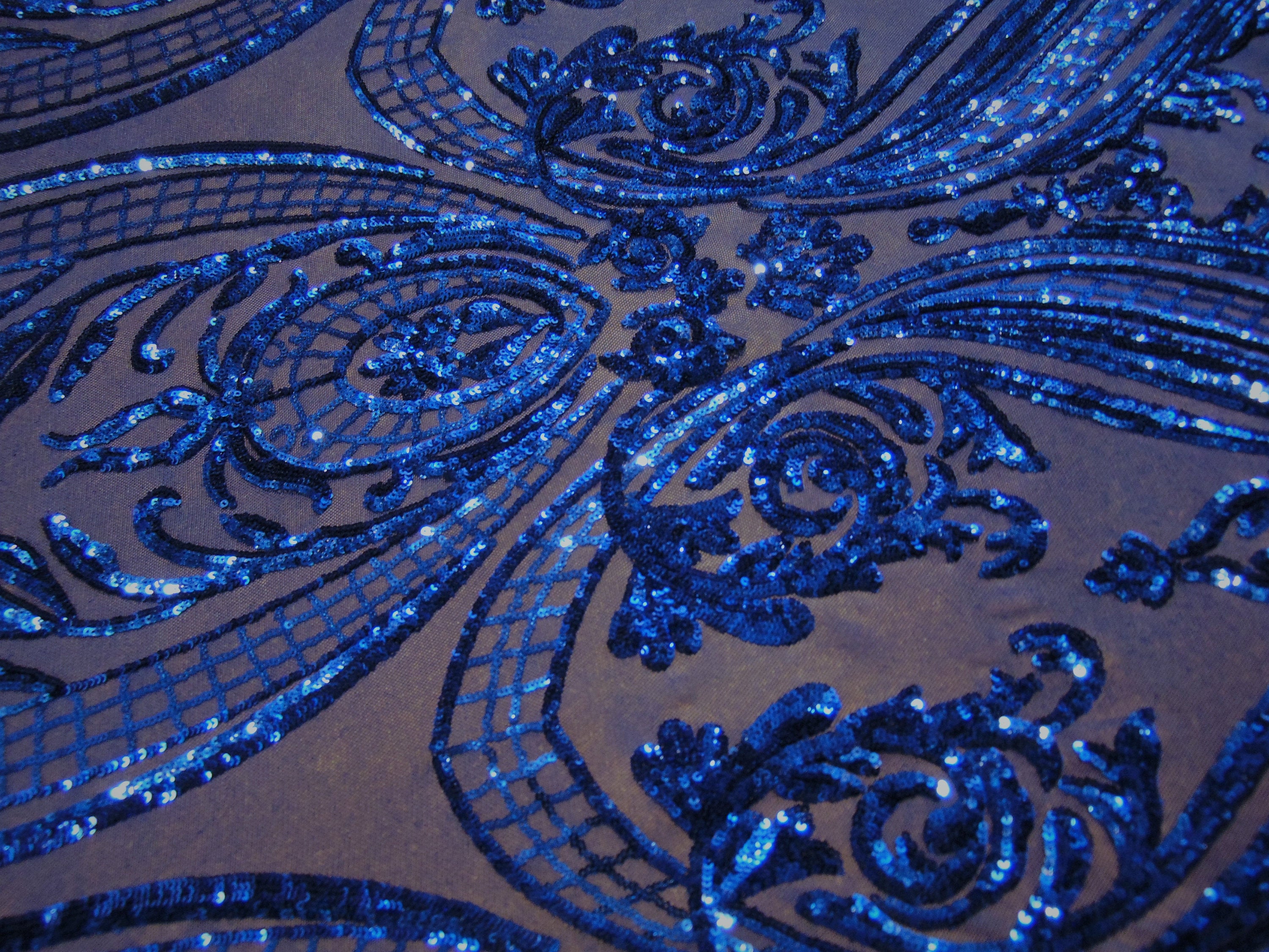 Royal Blue Victorian Egg Tulip Sequin Mesh 4-Way Stretch 55” Wide || Fabric by the Yard