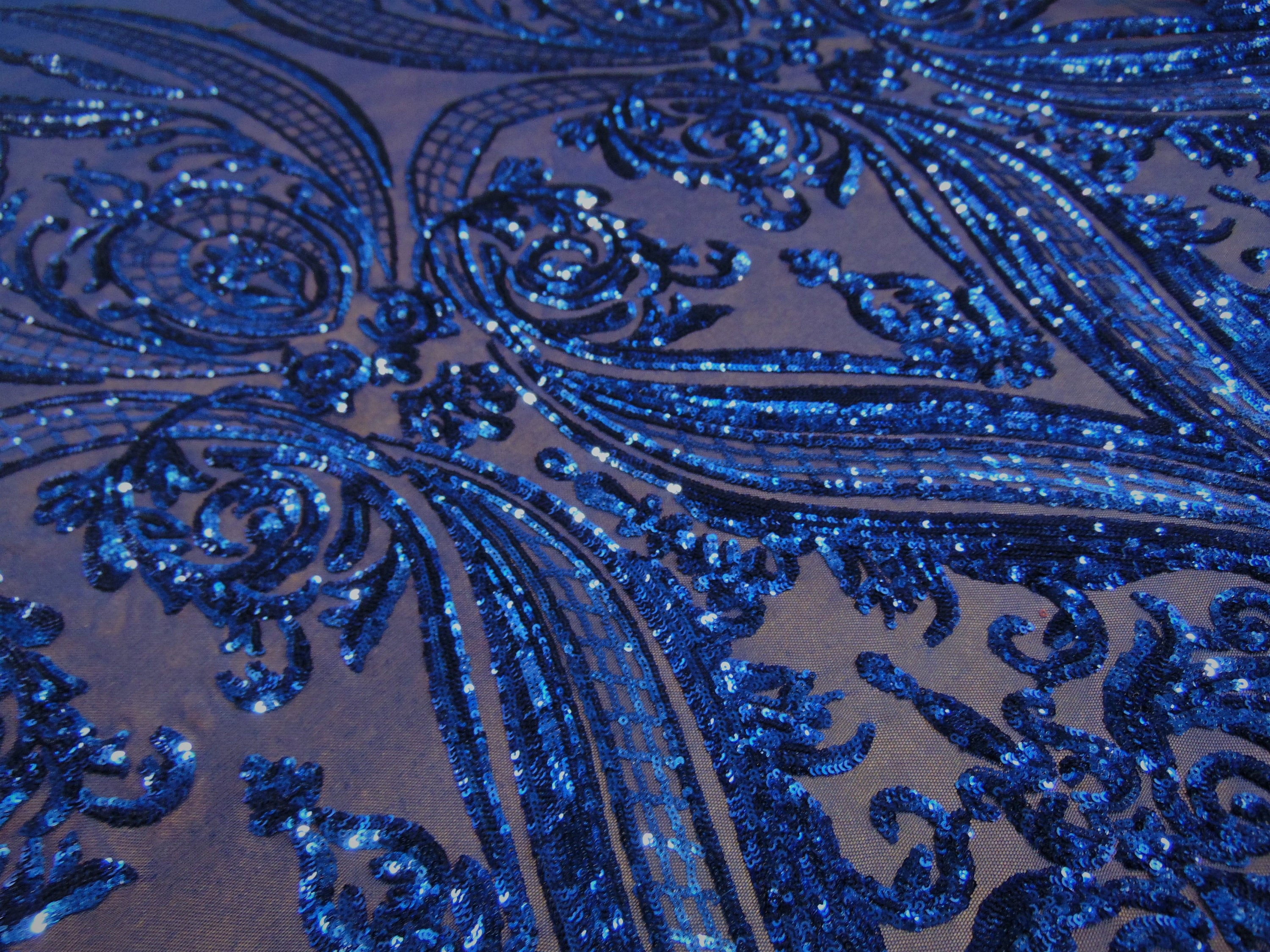 Royal Blue Victorian Egg Tulip Sequin Mesh 4-Way Stretch 55” Wide || Fabric by the Yard