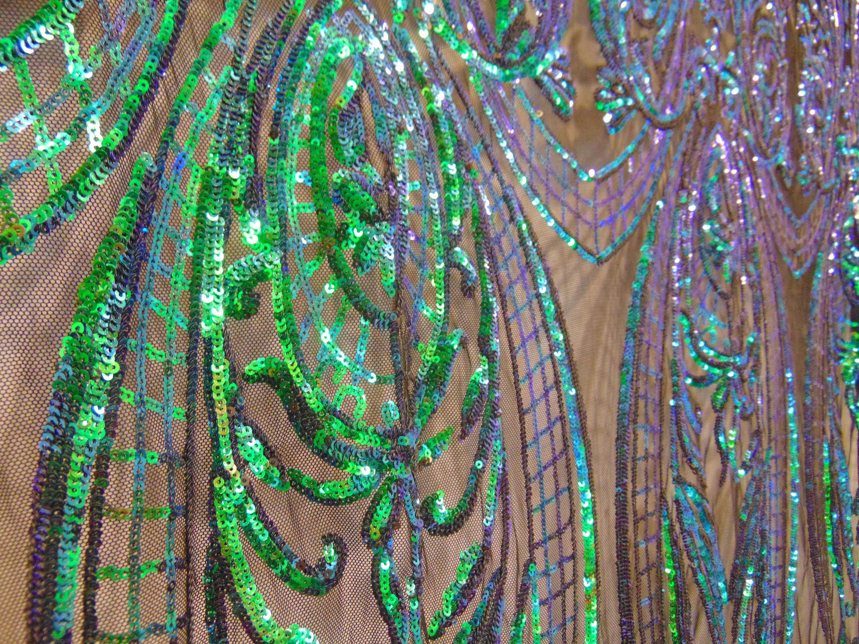 Iridescent Green Black Mesh Victorian Egg Tulip Sequin Mesh 4-Way Stretch 55” Wide || Fabric by the Yard
