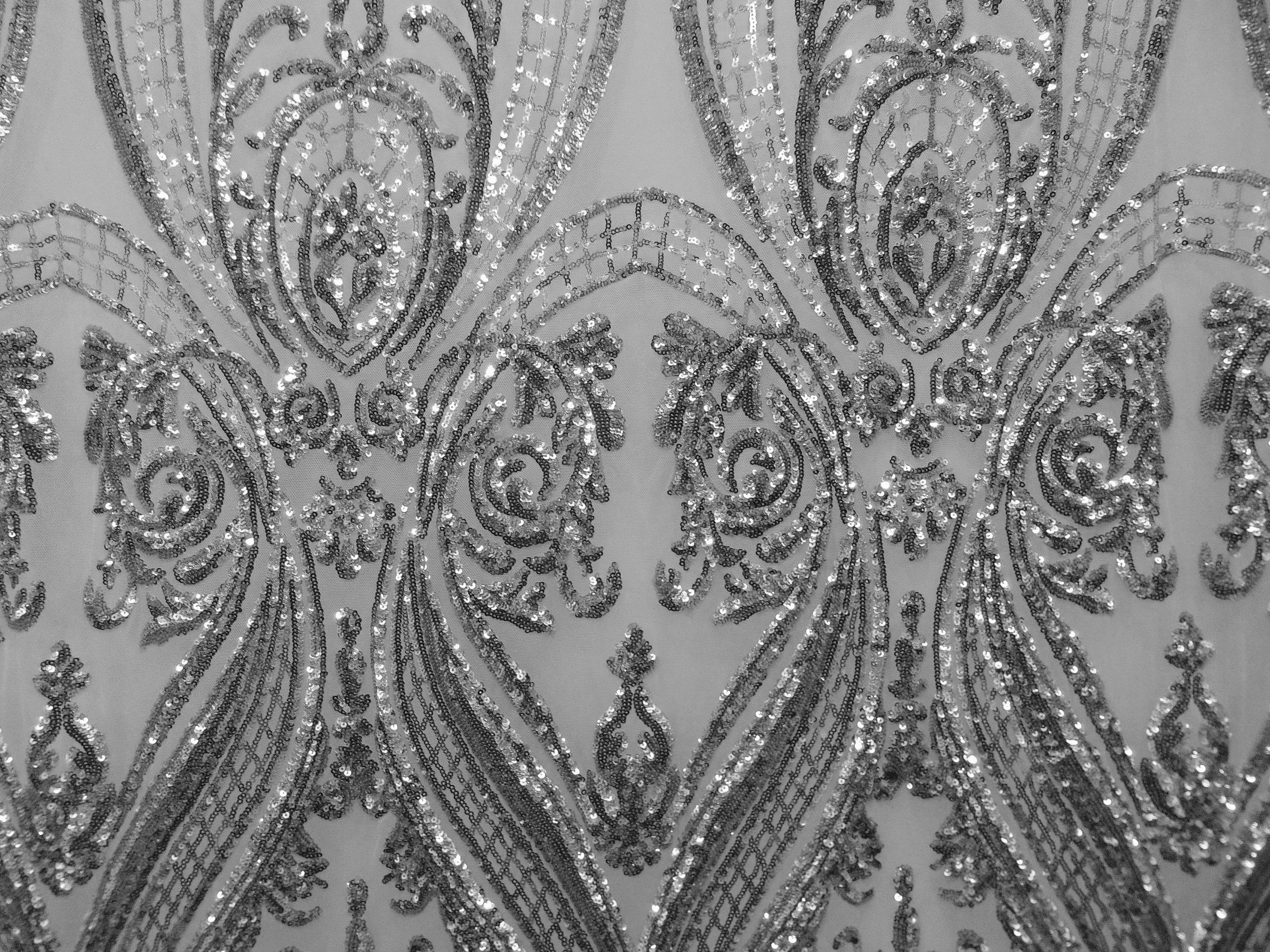 Silver Victorian Egg Tulip Sequin Mesh 4-Way Stretch 55” Wide || Fabric by the Yard