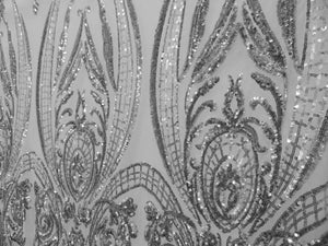 Silver Victorian Egg Tulip Sequin Mesh 4-Way Stretch 55” Wide || Fabric by the Yard