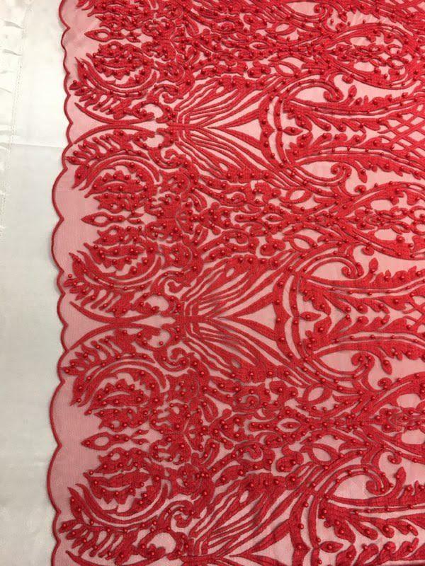 Red Beaded Scallop Edge Lace 52" Wide || Fabric by the Yard