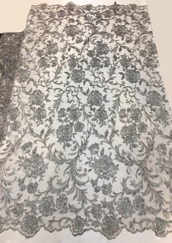 Grey Scalloped Beaded Edge Hand Lace 52” Wide || Fabric by the Yard