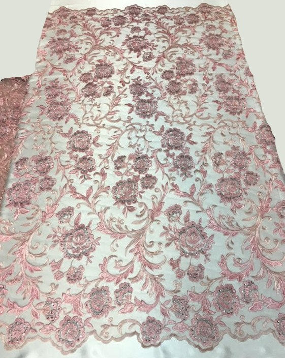 Pink Beaded Scallop Edge Lace 52" Wide || Fabric by the Yard