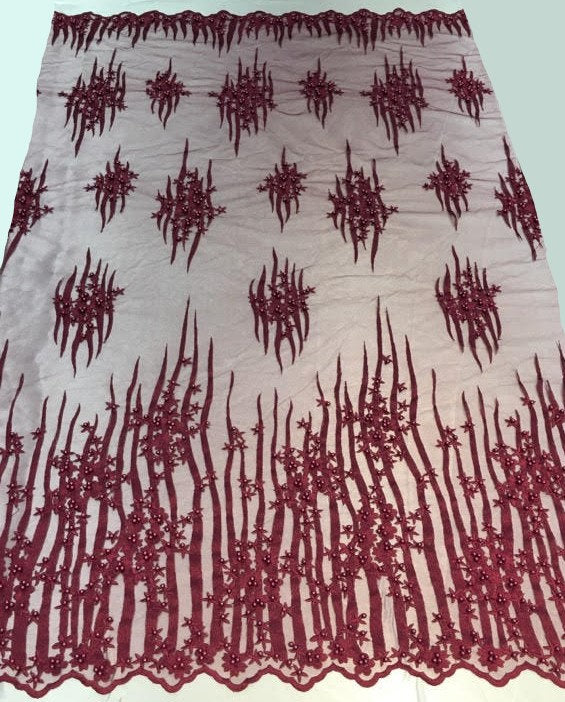 Burgundy Scalloped Beaded Edge Hand Lace 52” Wide || Fabric by the Yard
