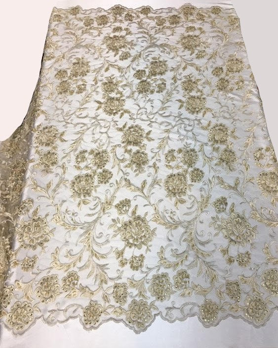 Champagne Scalloped Beaded Edge Hand Lace 52” Wide || Fabric by the Yard