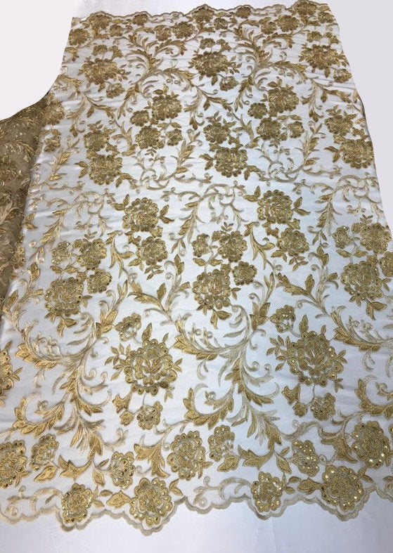 Gold Scalloped Beaded Edge Hand Lace 52” Wide || Fabric by the Yard
