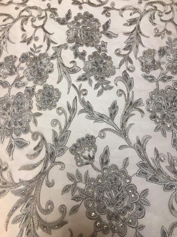 Grey Scalloped Beaded Edge Hand Lace 52” Wide || Fabric by the Yard