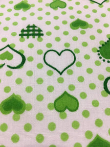 Green Heart Polka Dot Printed White Poly Cotton 60” Wide || Fabric by the Yard