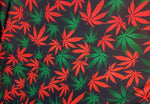 Load image into Gallery viewer, Red and Green Multicolored Marijuana Leaves Nylon Spandex Lycra 56&quot; Wide || Dance Fabric by the Yard
