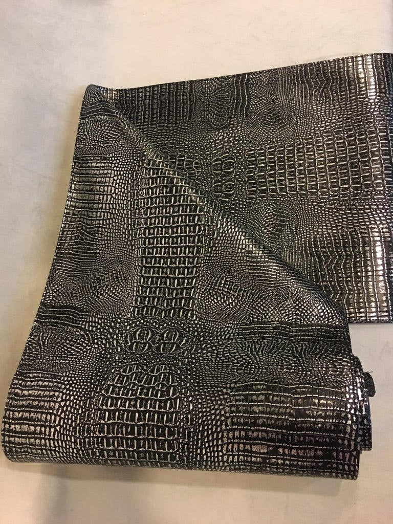 Black Silver Alligator Embossed Faux Leather Vinyl Silk Back 14”x140” Table Runner || Home Décor