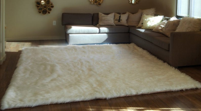 Off White Shaggy Plush Faux Fur Rectangular 8'x10' Area Rug || Home Decor