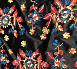 Floral Design #2 Embroidered Black Spandex 4-WAY Spandex Stretch Velvet 60" Wide || Fabric by the Yard