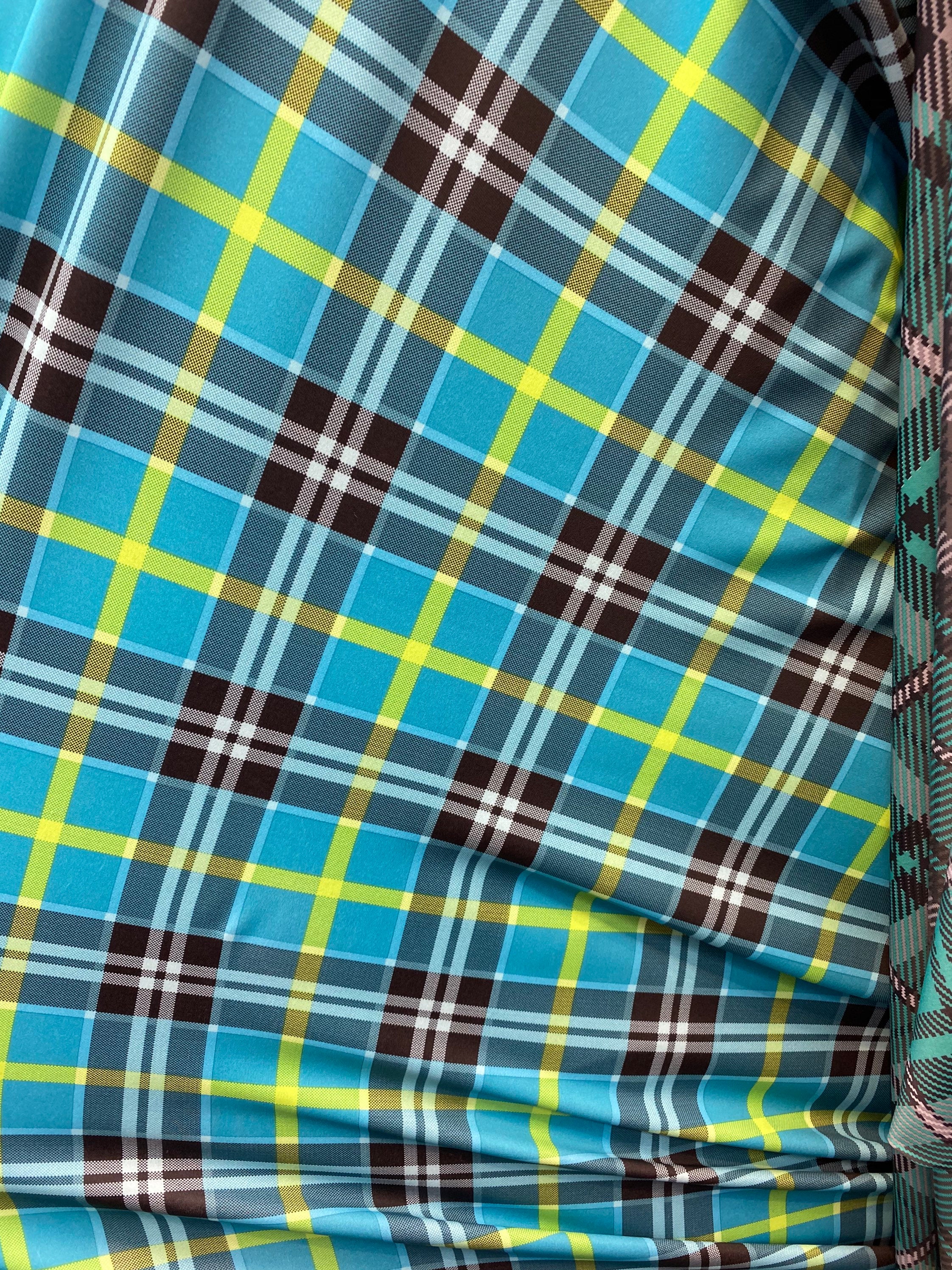 Turquoise Plaid Spandex Lycra 60" Wide || Dance Fabric by the Yard