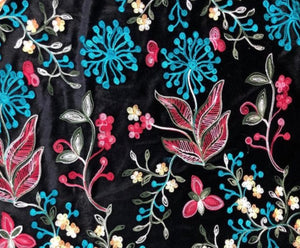 Fantasia Floral Embroidered Black 4-WAY Spandex Stretch Velvet 60" Wide || Fabric by the Yard