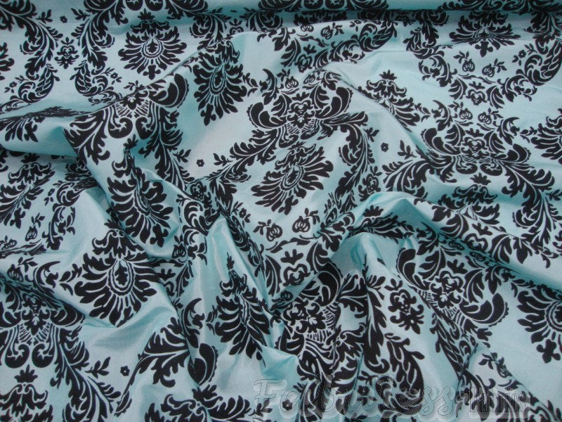 Tiffany Blue Taffeta Black Velvet Flocking Damask 60" Wide || Fabric by the Yard