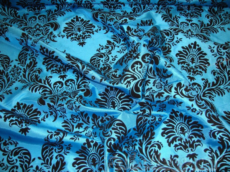 Turquoise Taffeta Black Velvet Flocking Damask 60" Wide || Fabric by the Yard