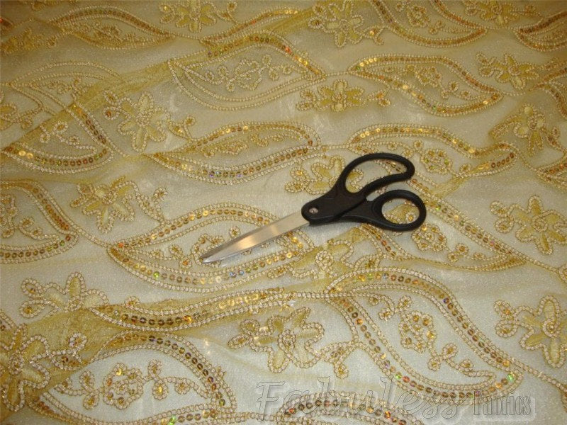 Gold Bridal Scalloped Beaded Sequin Lace 54" Wide || Fabric by the Yard