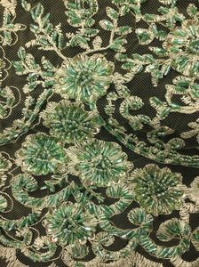 Light Green Floral Stem Scalloped Beaded Edge Hand Lace 52” Wide || Fabric by the Yard