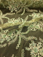 Load image into Gallery viewer, Light Green Floral Stem Scalloped Beaded Edge Hand Lace 52” Wide || Fabric by the Yard

